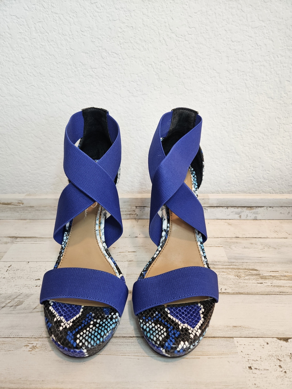 Jessica Simpson blue snake skin elastic strap heels Stilettos Size 7 1/2 M